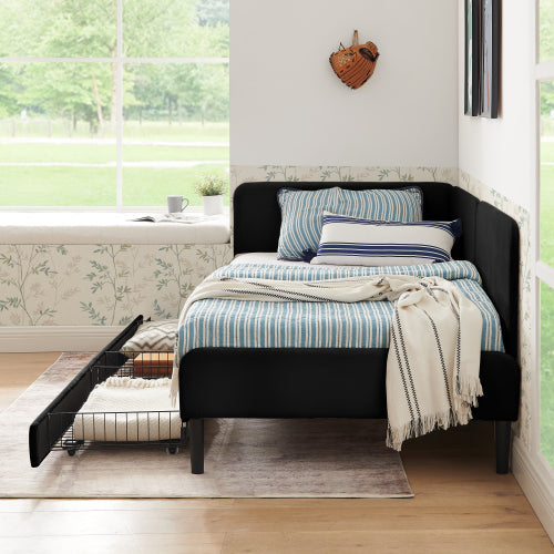Black Twin-Size Upholstered Convertible Platform Sofa-Bed Frame with 2 Storage Drawers