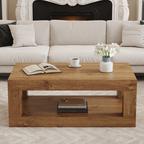 Modern 2-Tier Rectangular Coffee Table MDF Storage Center Table Walnut