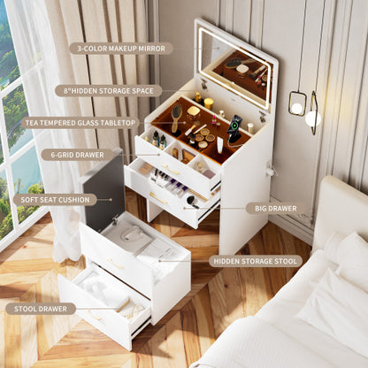 3 in 1 Vanity Desk with open Top Mirror,Make Up Vanity Set with Visible Glass Desktop,Compact Makeup Vanity with 3 Drawers and stool,Dressing Table for Bedroom