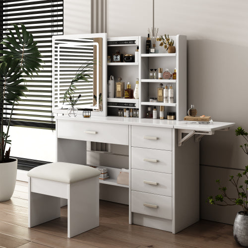 White Vanity Desk with Mirror & Lights, 5 Drawers, Open Shelves & Chair, 3 Color Adjustable LED Lighting