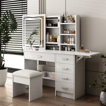 White Vanity Desk with Mirror & Lights, 5 Drawers, Open Shelves & Chair, 3 Color Adjustable LED Lighting