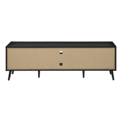 72 Inch Brown Black Grooved TV Stand with Black Wood Legs & Dual Cable Holes