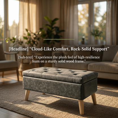 32 inch Square Storage Ottoman Bench with Built-in Tray, Upholstered Multi-Purpose Footrest, End of Bed Bench for Bedroom & Living Room