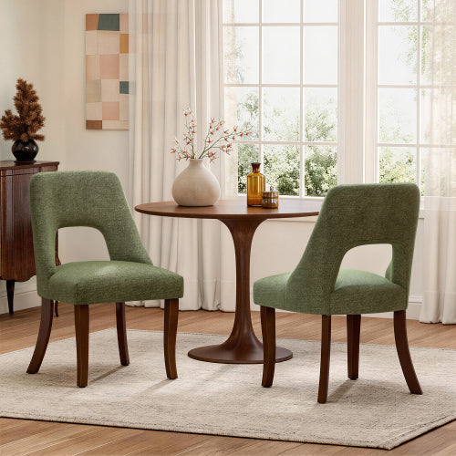Set of 2 Green Tufted Chenille Dining Chairs, Curved Rubberwood Legs 300lbs Capacity Space Saving Design