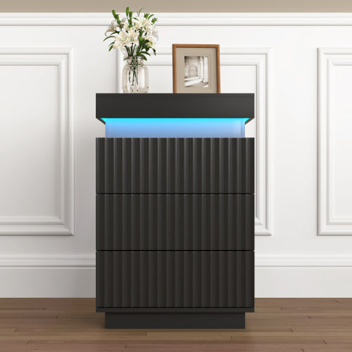 2 Pack Black Nightstand, Sliding Top Charging Station & RGB LED Fluted Drawers