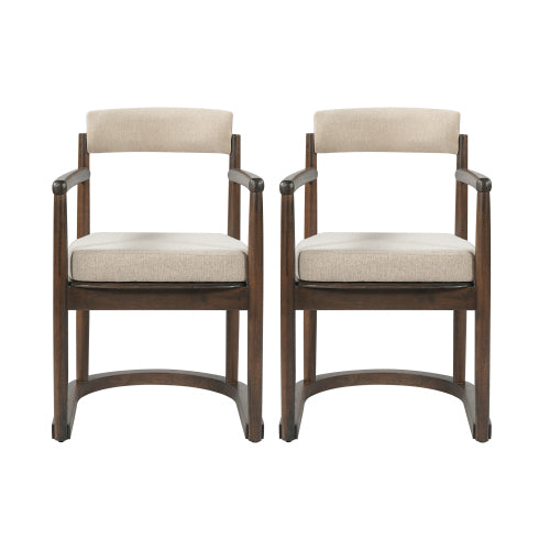 Dining Arm Chairs Set of 2, Walnut Rubber Wood Frame with Beige Upholstery