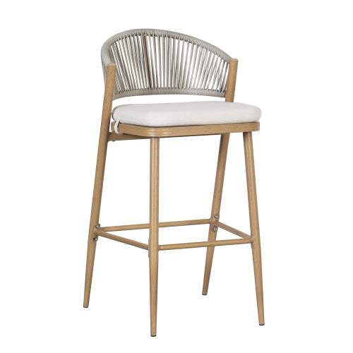 Outdoor 30.25" Seat Height Aluminum Frame Barstools with PE Rattan Scallop-shaped Backrest, Set of 2, Maple Finish
