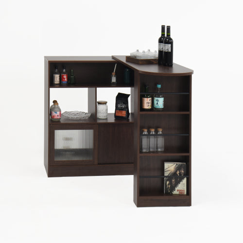 Modern Bar Cabinet with Rotating top, Counter Height Dining Cabinet with 6 Storage space and 2 Ribbed Glass Door for Kitchen, The Rotating Top with 3 Storage Shelves Dining Room, Living Room, Walnut