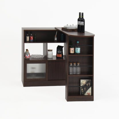 Modern Bar Cabinet with Rotating top, Counter Height Dining Cabinet with 6 Storage space and 2 Ribbed Glass Door for Kitchen, The Rotating Top with 3 Storage Shelves Dining Room, Living Room, Walnut
