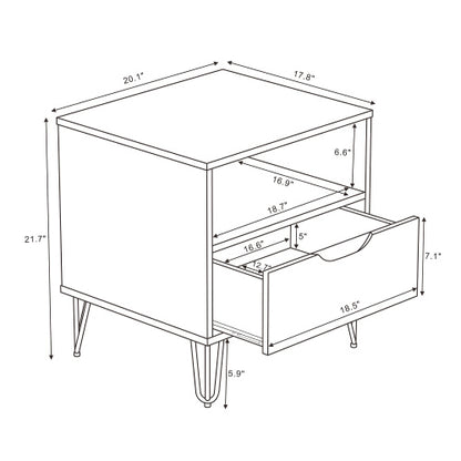 White Modern Nightstand with Drawer, Shelf & Metal Legs