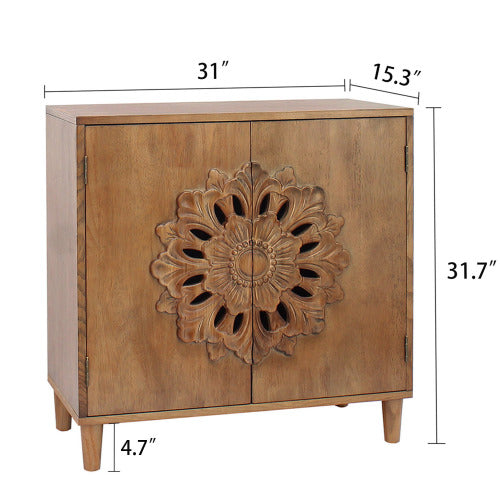 Rustic Hand-Carved Floral 2-Door Wooden Cabinet Bohemian Style Solid Wood Leg Storage Sideboard For Home Decor