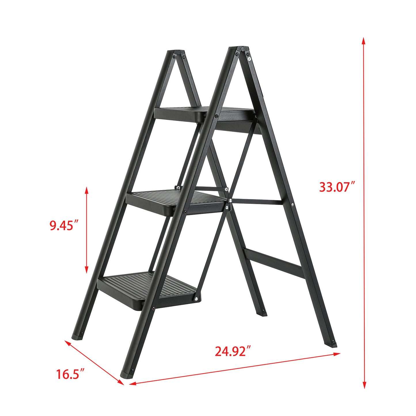 Foldable 3-step Iron Ladder, Load-Bearing Capacity 330 lbs., with Non-Slip and Widened Steps