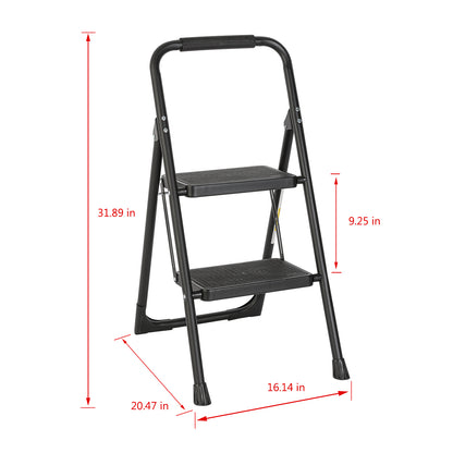 2-Step Black Iron Ladder Foldable Non-slip Outdoor Ladder Loading 330 lbs. for Home, Kitchen, Office