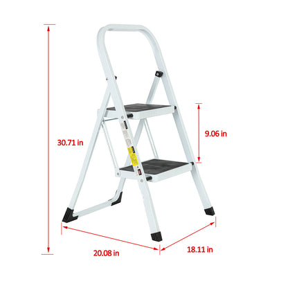 2-Step White Iron Ladder Foldable Non-slip Outdoor Ladder Loading 330 lbs. for Home, Kitchen, Office