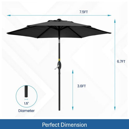 7.5 Feet Black Market Umbrella with Crank Lift & Tilt. UV-Resistant Canopy for Pool, Backyard & Patio (Without base)