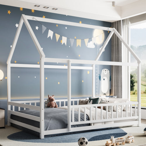 Full Size Floor Wooden Bed with House Roof Frame, Fence Guardrails,White