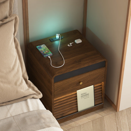 Wood Smart Nightstand, Voice Control Night Light, Touch LED Strip & Charging Station