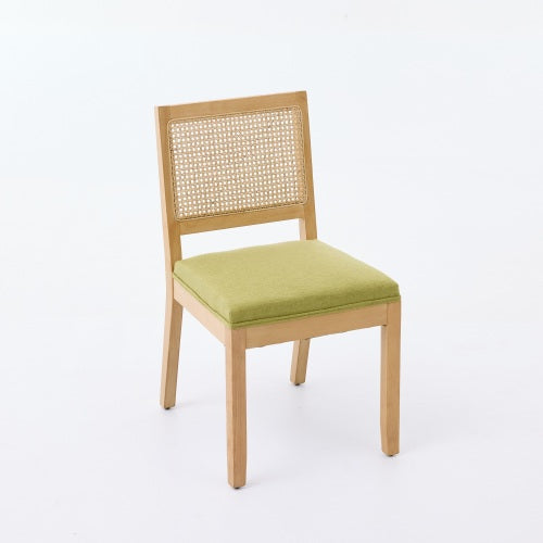 Set of 2 Olive Green Farmhouse Cane Rattan Dining Chairs, Distressed Solid Hardwood Linen Upholstered Side Chairs 300 LBS Capacity