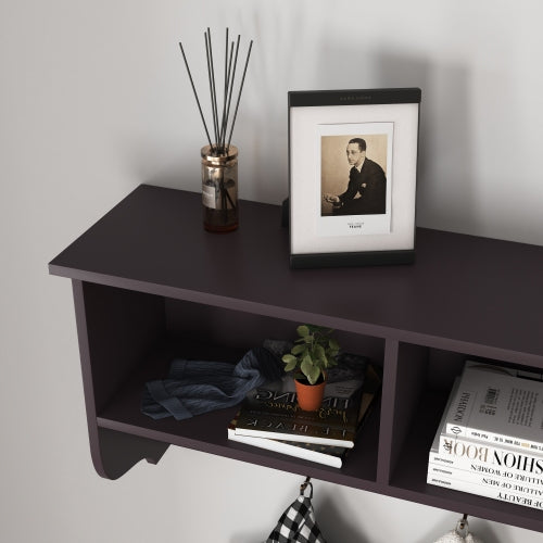 Espresso Entryway Wall Mounted Coat Rack with 4 Dual Hooks Living Room Wooden Storage Shelf