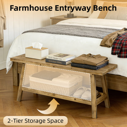 43inch  Farmhouse Wood Bench, 2-Tier Entryway Bench, Narrow Rustic Storage Bench with Open Storage Shelf for Entryway, Hallway, Living Room, Bedroom, Kitchen, Dining (Distressed Wood Color)