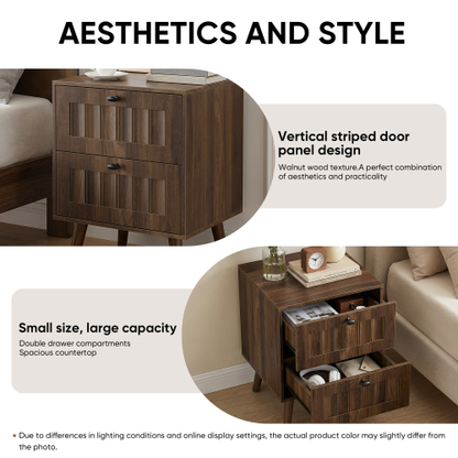 2-Pack Walnut Medieval Retro Nightstand, 2 Drawers with Solid Wood Legs & Silent Slides