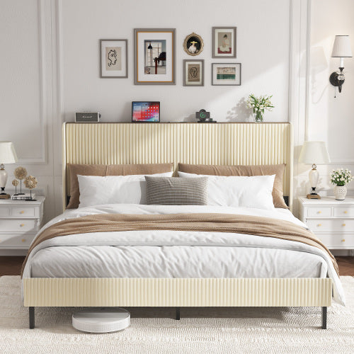King Size Platform Bed , Metal Bed Frame with Charging Station, No Box Spring Needed, (Beige), Noise Free,Easy Assemble.