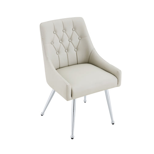 Set of 2 Light Gray Diamond Tufted Faux Leather Dining Chairs, Metal Back Handle, Gold Metal Legs, Luxury Accent Chairs