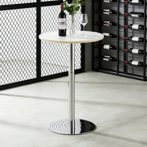 Rock slab circular tabletop non adjustable (39 inches high) bar table, bar table with silver legs and base (white)