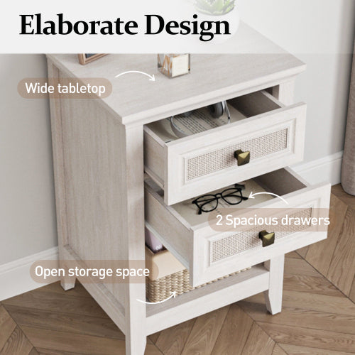 Grayish White Boho Rattan Nightstand with 2 Drawers & Open Shelf