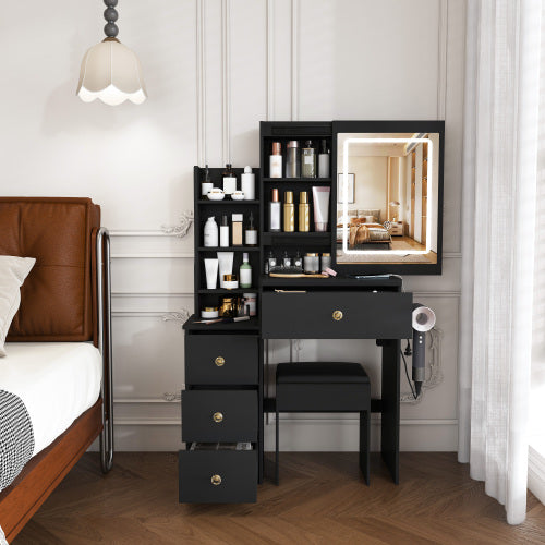Contemporary Black Vanity Desk with LED Mirror, 4 Drawers & Open Storage, Outlet & Dryer Holder, Includes Dressing Chair