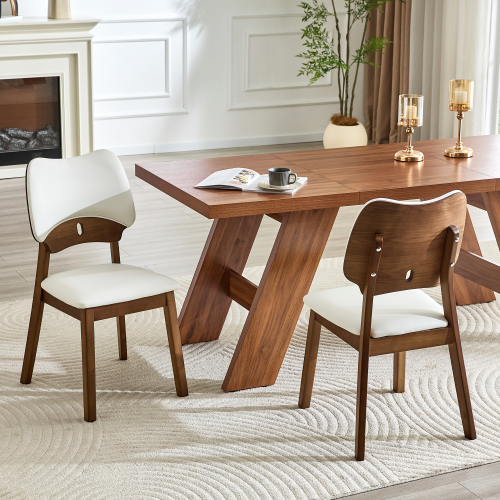 Set of 2 Walnut Wood Dining Chairs, White PU Upholstered Hollow Back Kitchen Chairs