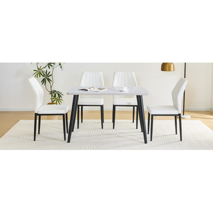 5-Piece White Tempered Glass Dining Set, Marble Texture Table with 4 PU Shell Pattern Dining Chairs