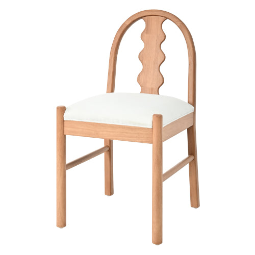 Set of 2 Natural Rubber Wood Dining Chairs, Wavy Arch Curved Back, White Fabric Upholstered Seat Cushion, Farmhouse Side Chairs