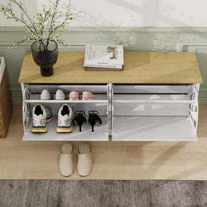 Shoe Storage Bench with 2 Flip Drawers and Adjustable Shelf for Entryway, Hallway, Bedroom-Antique White