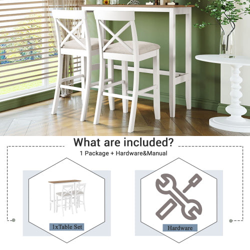 Farmhouse 48inch Rectangular Wood Bar Height Dining Set Kitchen Breakfast Nook with 2 Chairs for Small Places,Brown+White+Beige