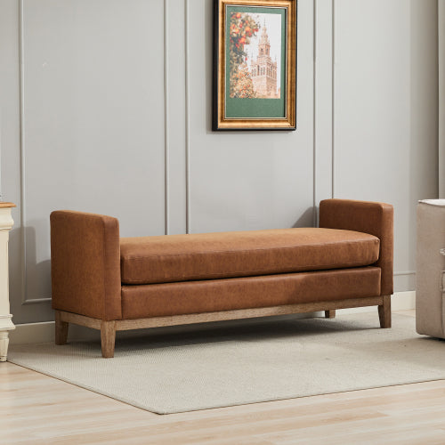 66.34inch W Elegant Upholstered Bench,Daybed, Ottoman with Wood Legs & 2 Bolster Pillows for End of Bed, Bedroom, Living Room, Entryway,Brown Polyurethane(PU)