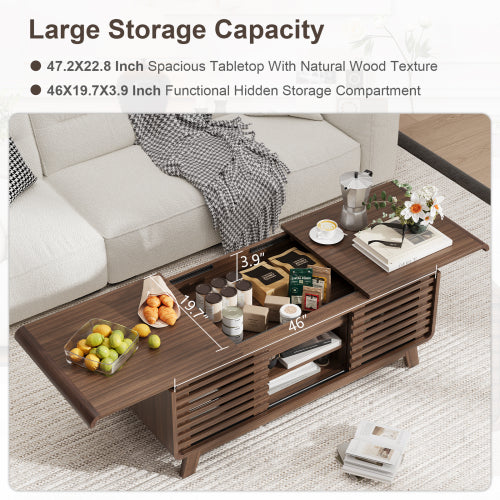 47 Inch Mid Century Coffee Table Sliding Top Storage Walnut Finish