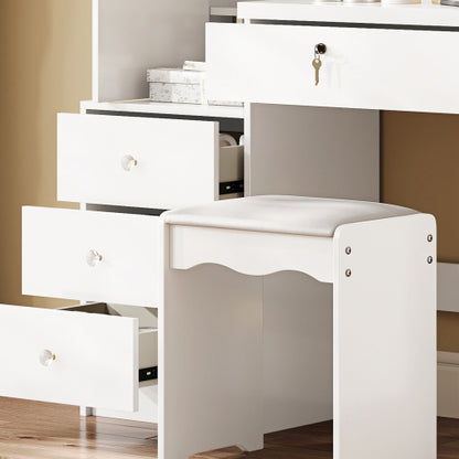 White Vanity Desk Set with Sliding Lighted Mirror, 4 Drawers & 9 Storage Spaces, Hidden Compartments, Cushioned Stool