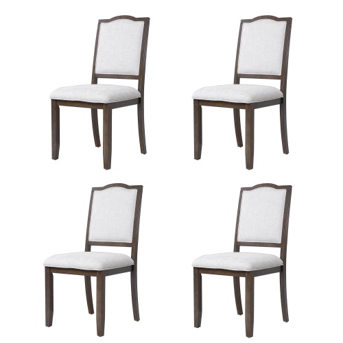 Set of 4 Farmhouse High Back Dining Chairs, Linen Upholstery, Beige & Brown Wood Frame