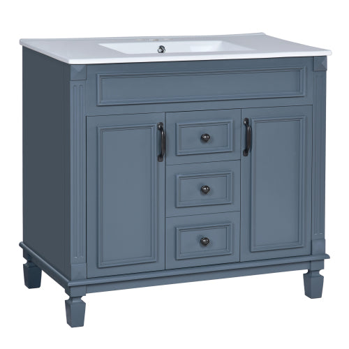 36'' Bathroom Vanity with Top Sink, Royal Blue Mirror Cabinet, Modern Bathroom Storage Cabinet with 2 Soft Closing Doors and 2 Drawers, Single Sink Bathroom Vanity