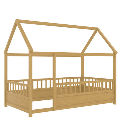 Twin Size Floor Wooden Bed with House Roof Frame, Fence Guardrails,(Twin,Natural)