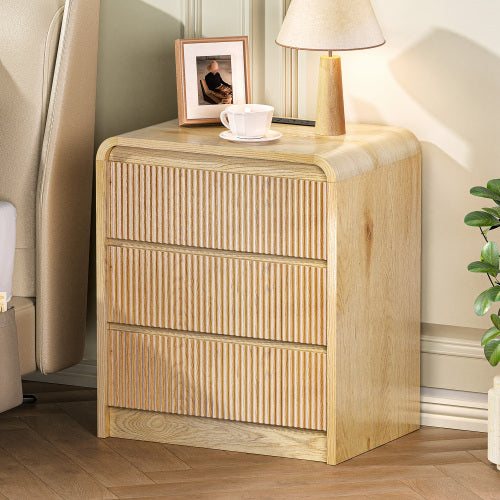 Natural Fluted 3-Drawer Nightstand with Charging Station, Mid-Century USB Bedside Table