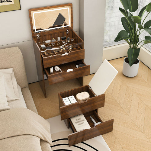 Walnut 3-in-1 Flip-Top LED Vanity Desk 23 inch L, HD Shatter Resistant Mirror & Storage Stool