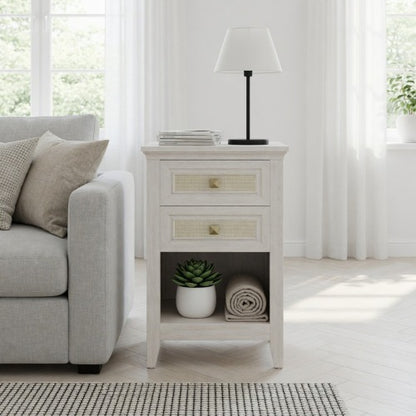 Set of 2 White Rattan Boho Nightstands