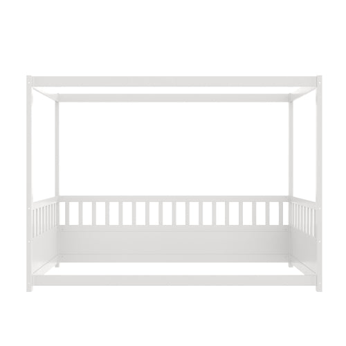 Twin Size Canopy Bed Frame with Guardrails for Kids,Floor Bed Twin with Four Poster Design,Kids Montessori Floor Bed,Wood Canopy Bed Frame for Girls,Boys(Twin,White)