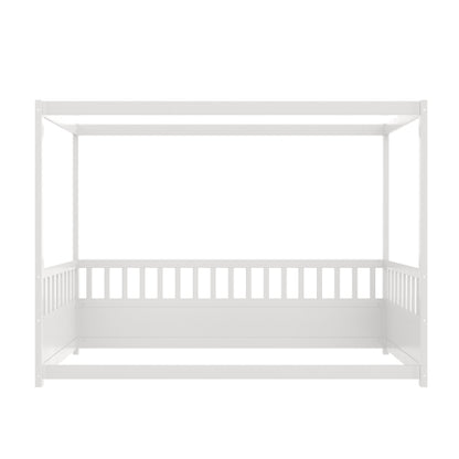 Twin Size Canopy Bed Frame with Guardrails for Kids,Floor Bed Twin with Four Poster Design,Kids Montessori Floor Bed,Wood Canopy Bed Frame for Girls,Boys(Twin,White)