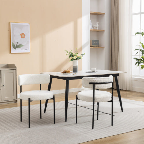 2-Piece  Modern Round Boucle Dining Chairs, White Boucle Upholstered Side Chairs with Matte Black Iron Legs for Dining Room