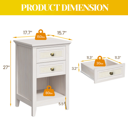 Set of 2 Rattan Nightstands with Drawer, 27-Inch Tall Boho Bedside Table with Storage Shelf