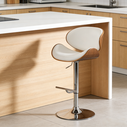 Modern Contemporary Swivel Walnut Bentwood Lift Adjustable Height Bar Stool with Curved Seat and Back (White)