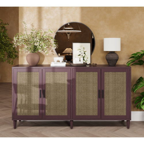 70 Inch Brown Rattan Four-Door Sideboard MDF Solid Wood Leg Adjustable Shelf Easy Assembly Home Storage Cabinet